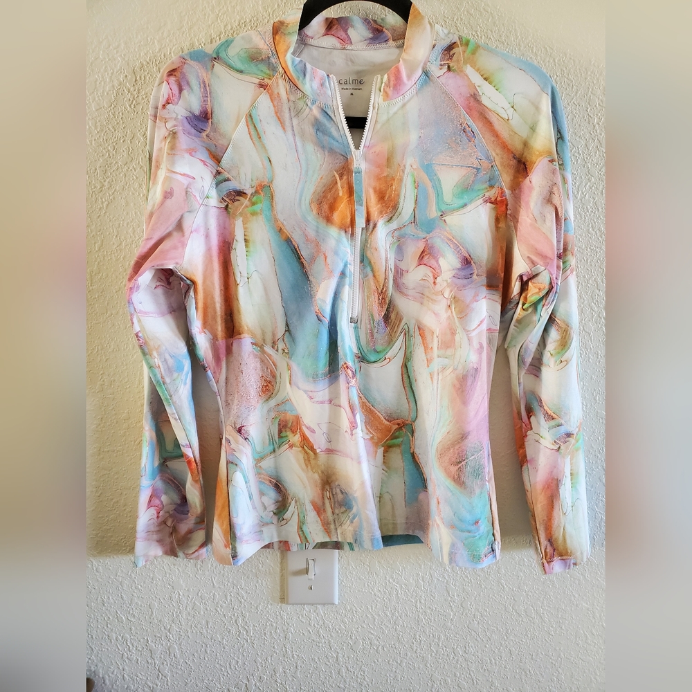 Johnny Was Calme Top Womens Surf Shirt Marble Tie Dye Half Zip Swim Water XL